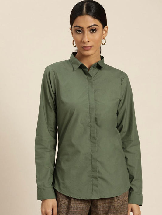 Laveena : Olive Green Formal Shirt (MIX COTTON)
