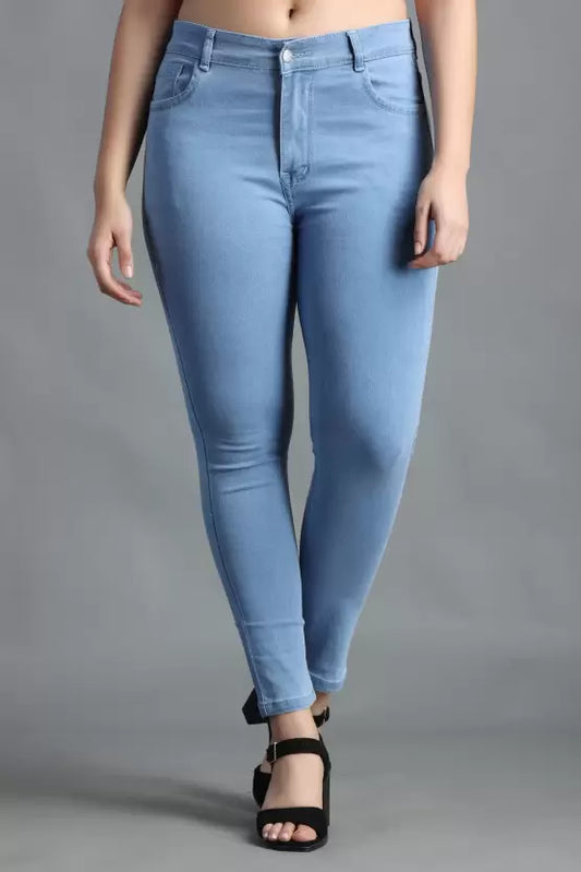 Laveena:Light Blue Single Button High Waist Jeans