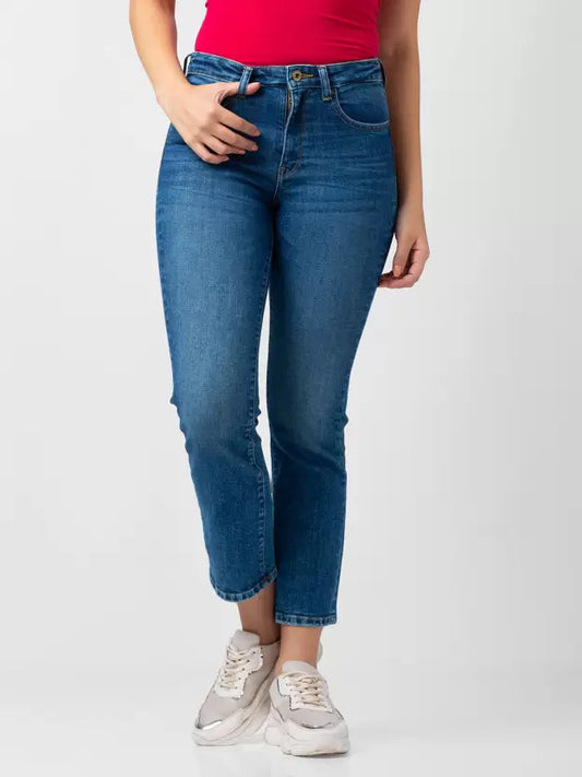 Laveena: Denim Blue Single Button High Waist Jeans